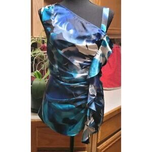 Spense Blue, Black, Teal And White One Shoulder Strap Ruffled With Ruching Tank